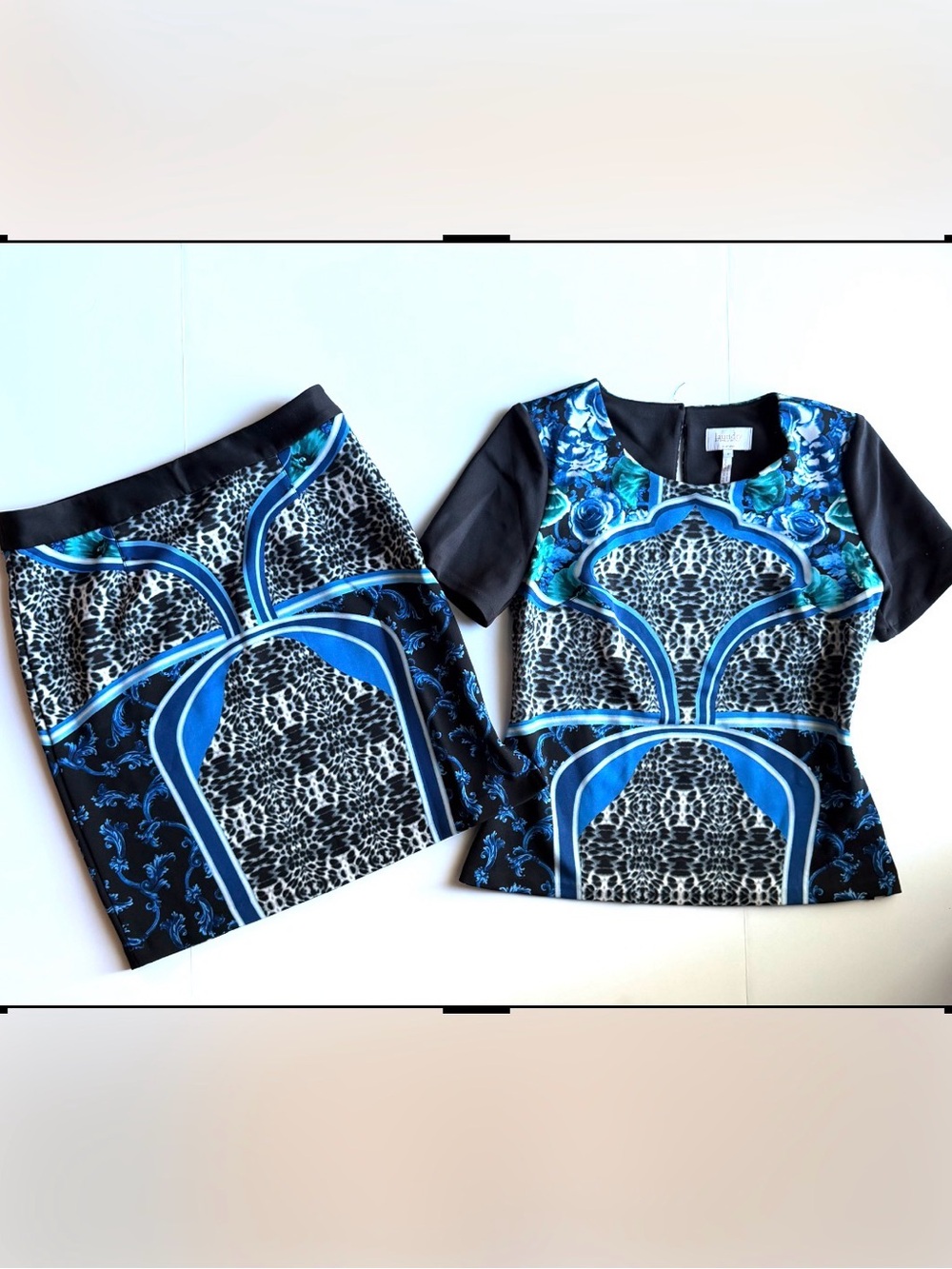 Laundry Shelli Segal Blue & Black Printed Two-Piece Skirt Set sz 8 stretchy KH - Picture 1 of 10
